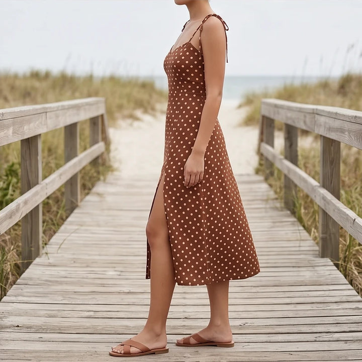 Model wearing Brown Cortez Polka Dot Midi Dress outdoors - 4