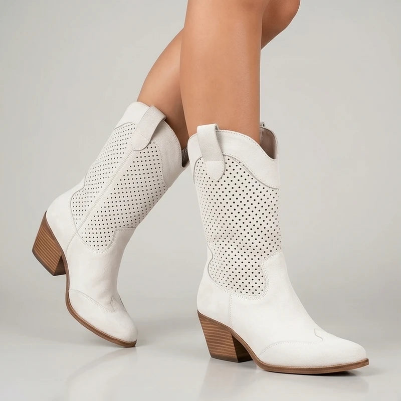 Model wearing White Gideon Suede Western Ankle Boots in studio