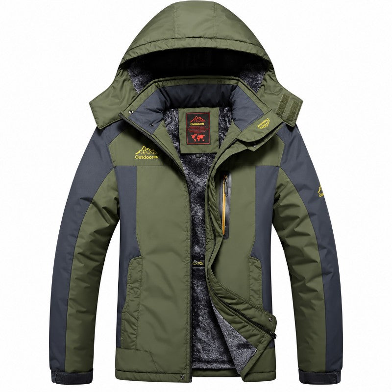 Olive green hooded parka featuring charcoal panels and thick fleece lining, displayed against a plain white background.