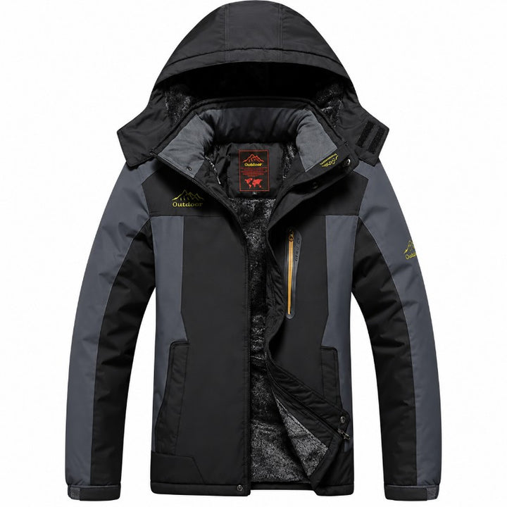 Black and grey color-blocked hooded jacket with soft fleece lining and a vertical chest zipper against a white background.
