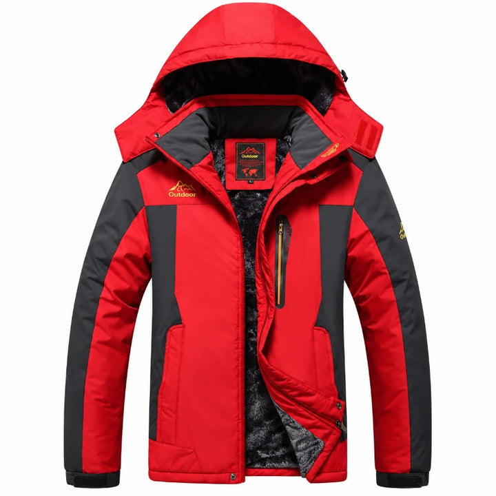 Red hooded parka jacket with dark gray color-blocked panels and a plush fleece lining against a white background.
