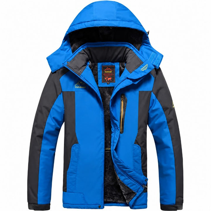 Front view of a blue and grey hooded winter jacket with black fleece lining and a zippered chest pocket against white.
