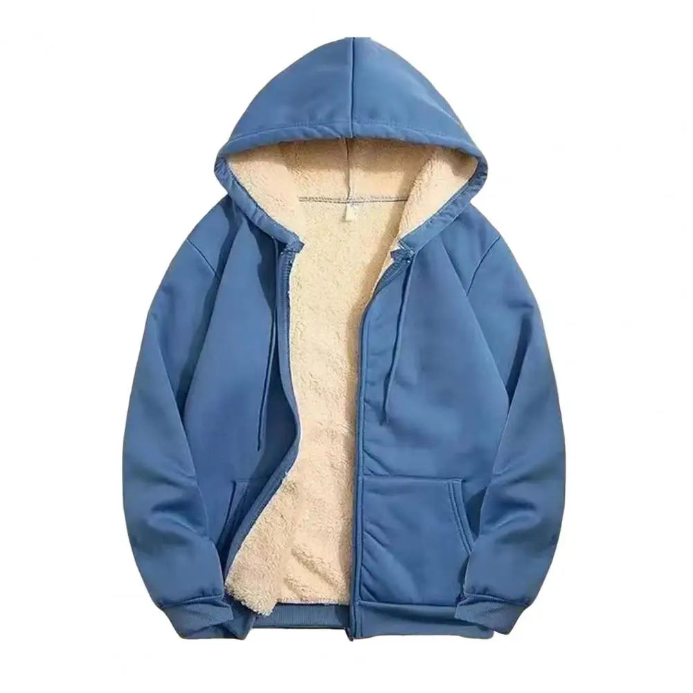 Blue full-zip hoodie with a fluffy cream fleece lining, kangaroo pockets, and a drawstring hood, shown flat.