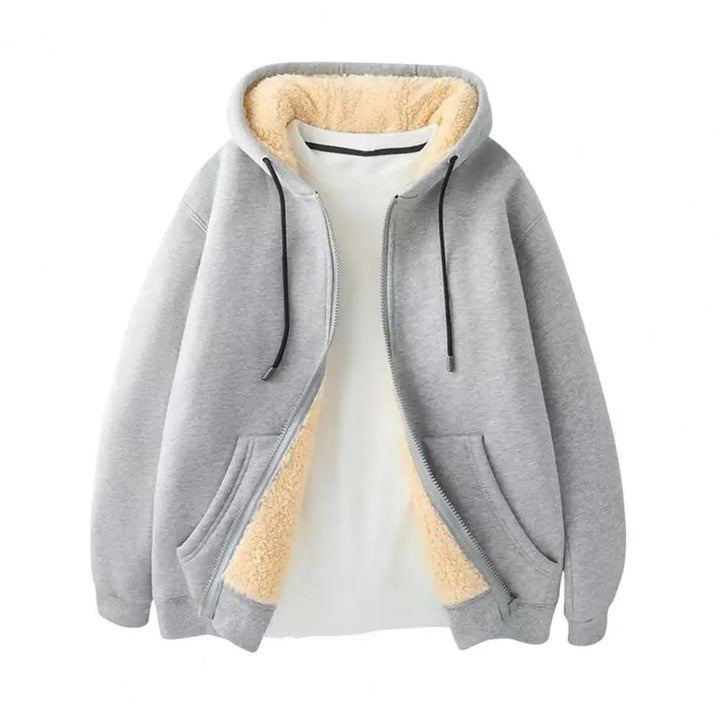 Light gray hoodie with an unzipped front revealing soft beige fleece lining, black drawstrings, and front pockets.
