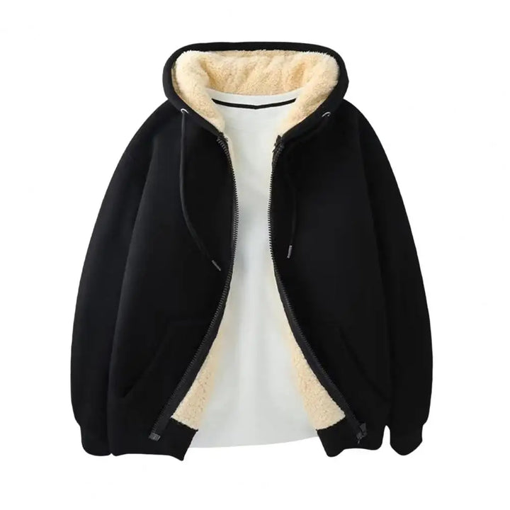 Black zip-up hoodie with a creamy beige fleece lining and drawstring hood, shown open over a white shirt.