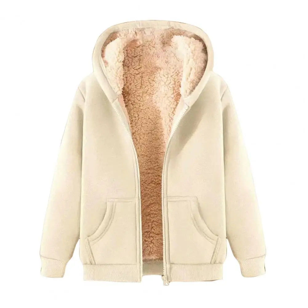 Cream zip-up hoodie with a plush, brown fleece lining and two front pockets, displayed flat on a white background.