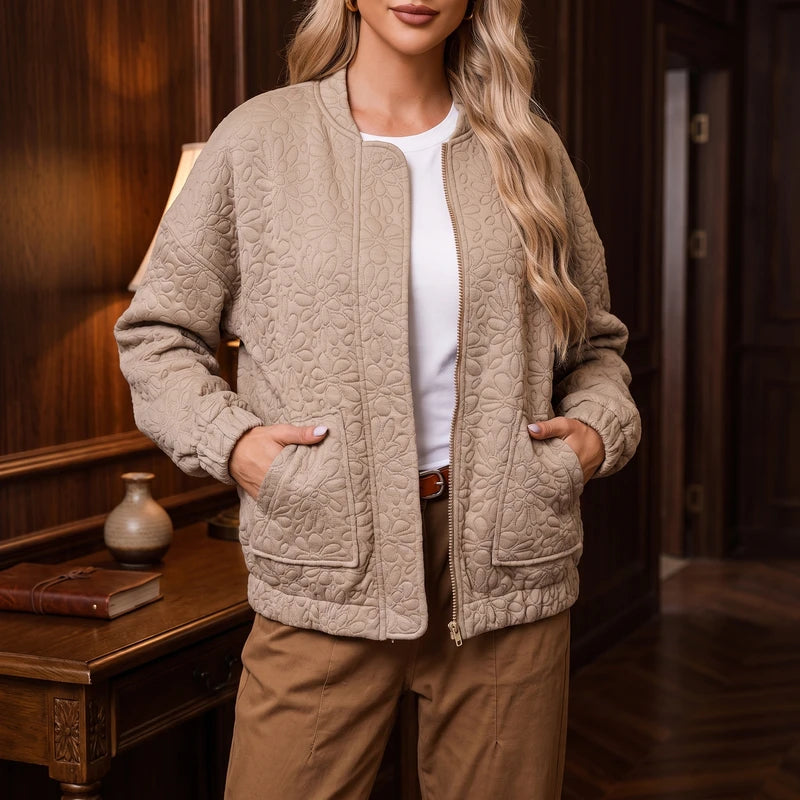 Khaki jacket in a dark wood interior