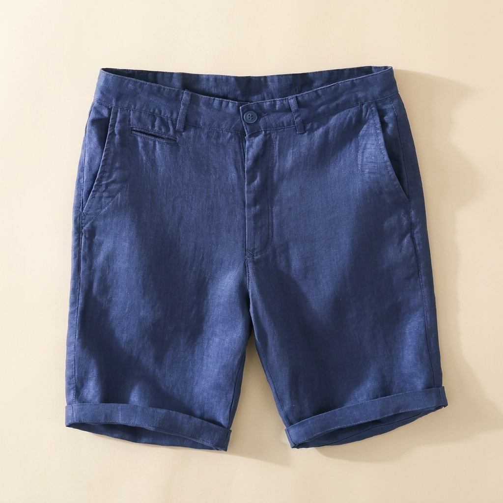 Norwood muted blue linen casual shorts flat lay