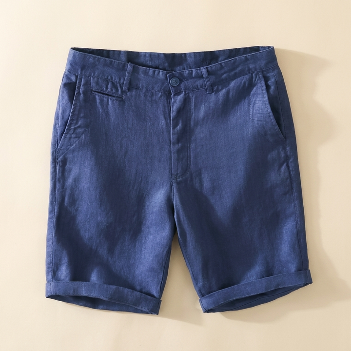 Norwood muted blue linen casual shorts flat lay