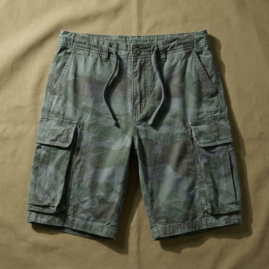 Briggs green woodland camo cargo shorts flat lay