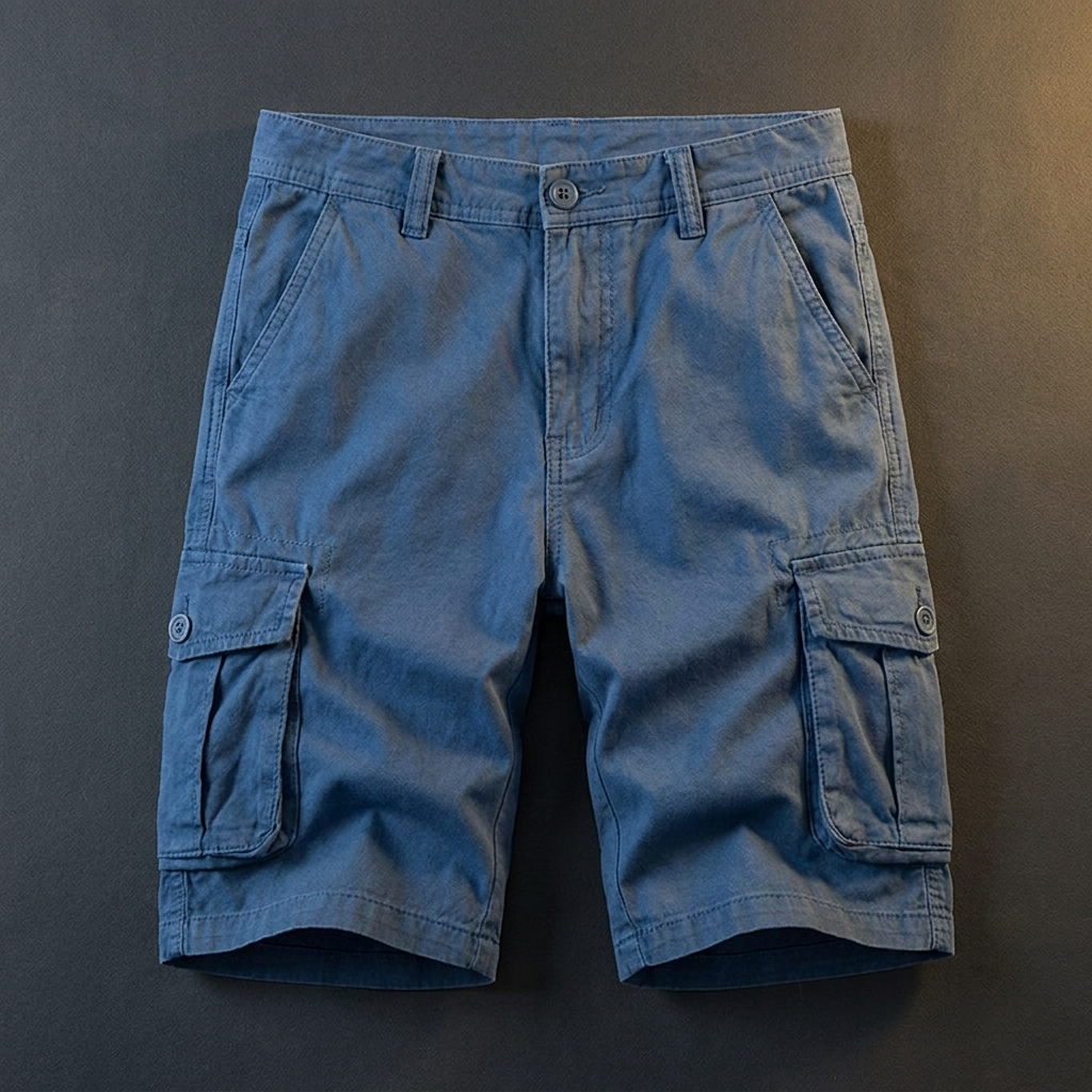 Hollis blue cotton cargo shorts flat lay
