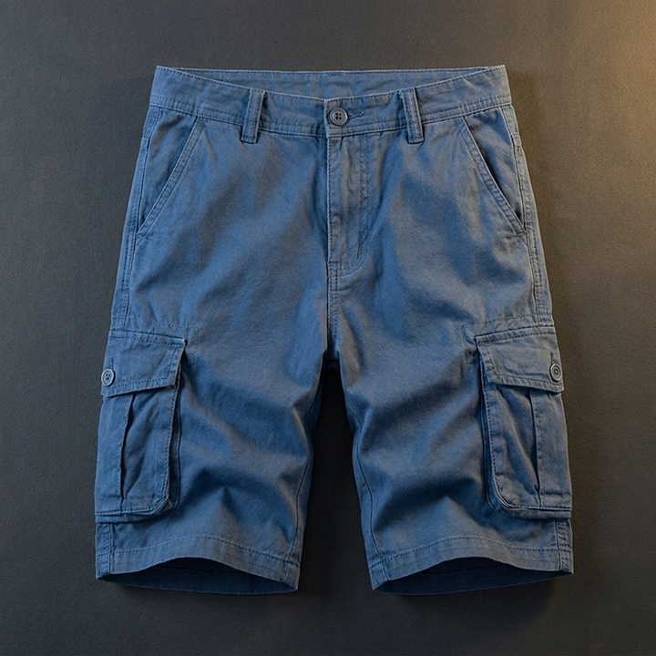 Hollis blue cotton cargo shorts flat lay