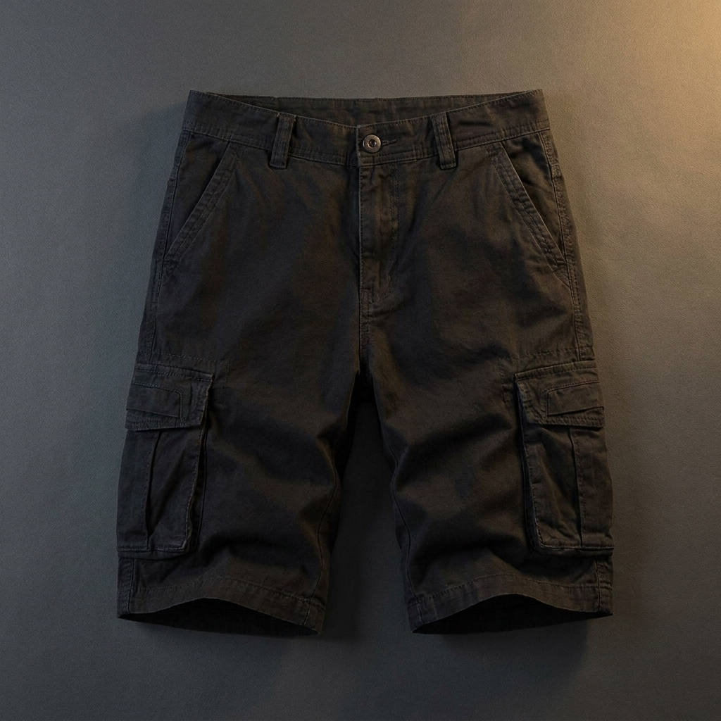 Hollis black cotton cargo shorts flat lay