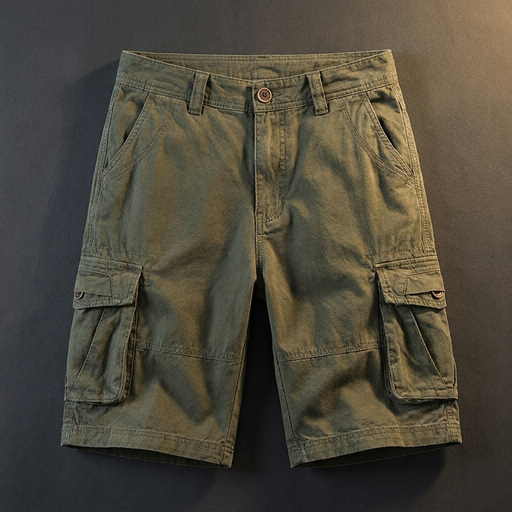 Hollis olive green cotton cargo shorts flat lay