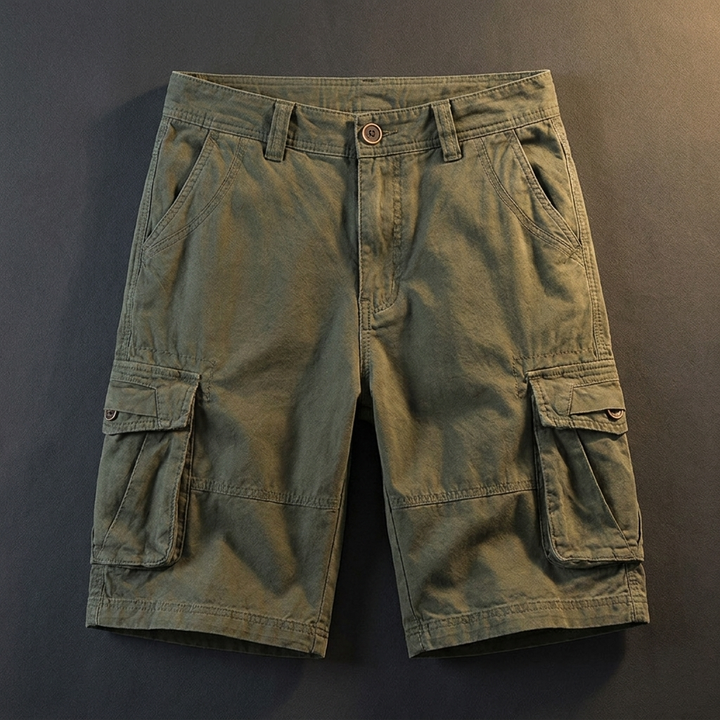 Hollis olive green cotton cargo shorts flat lay