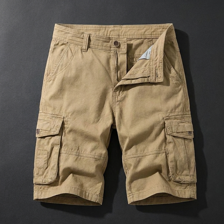 Hollis khaki cotton cargo shorts flat lay