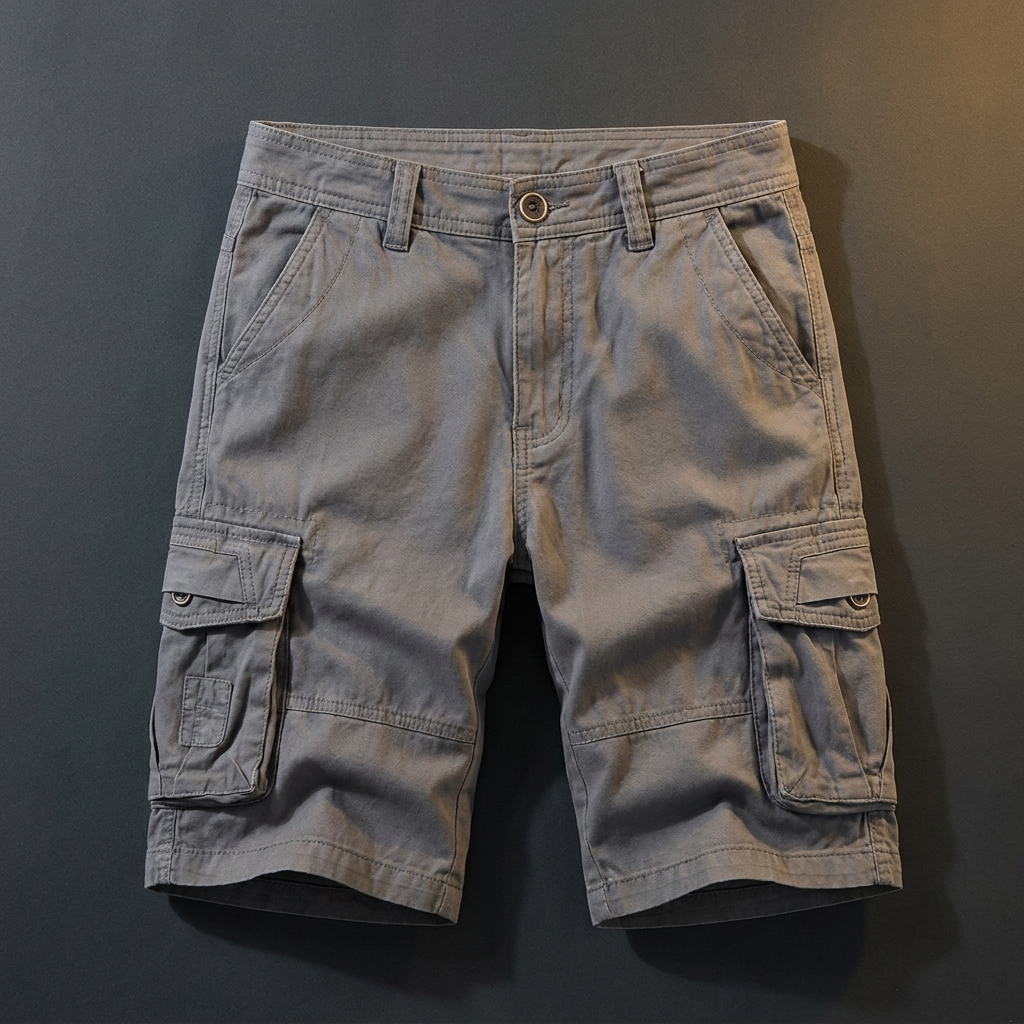 Hollis medium gray cotton cargo shorts flat lay