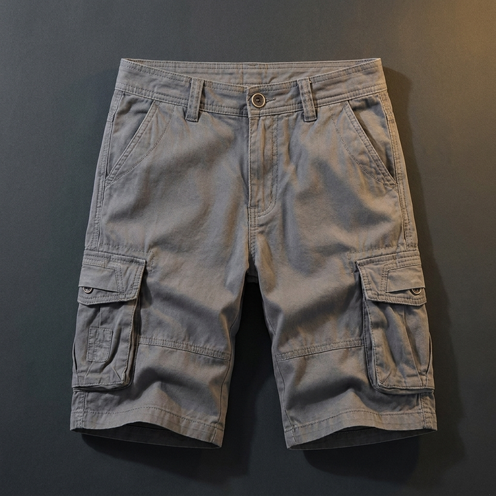 Hollis medium gray cotton cargo shorts flat lay