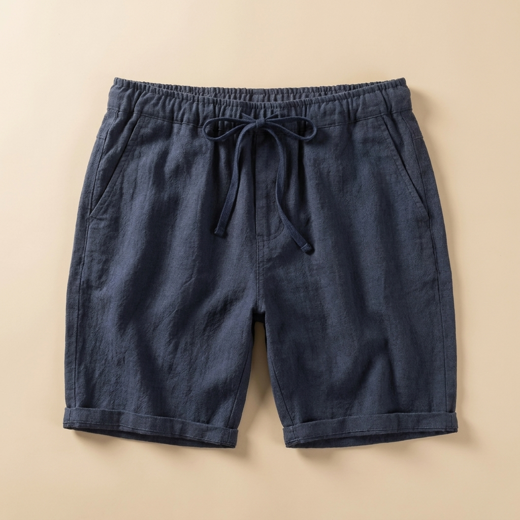 Nash navy blue linen drawstring shorts flat lay