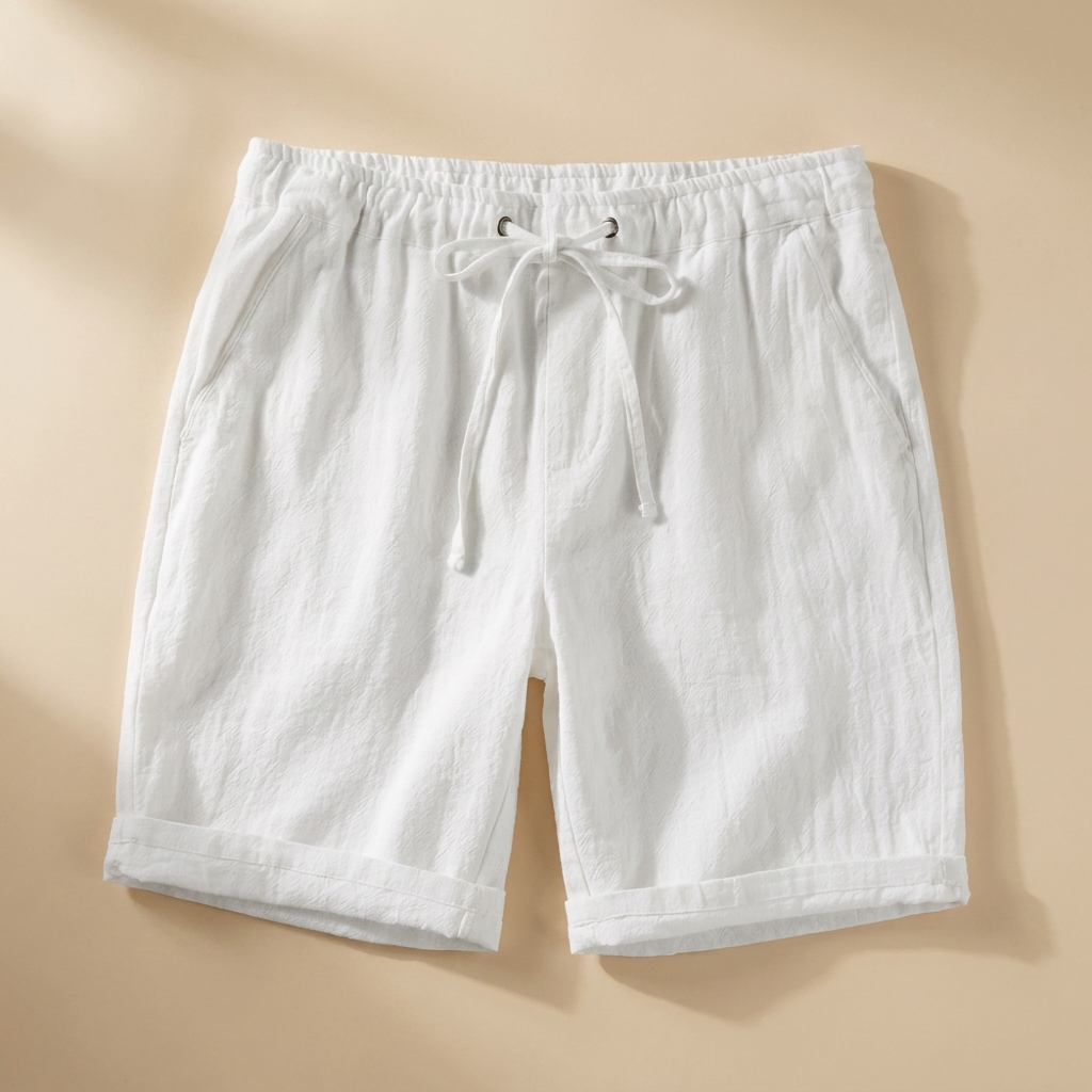 Nash white linen drawstring shorts flat lay