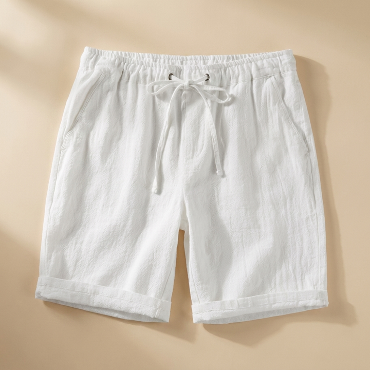 Nash white linen drawstring shorts flat lay