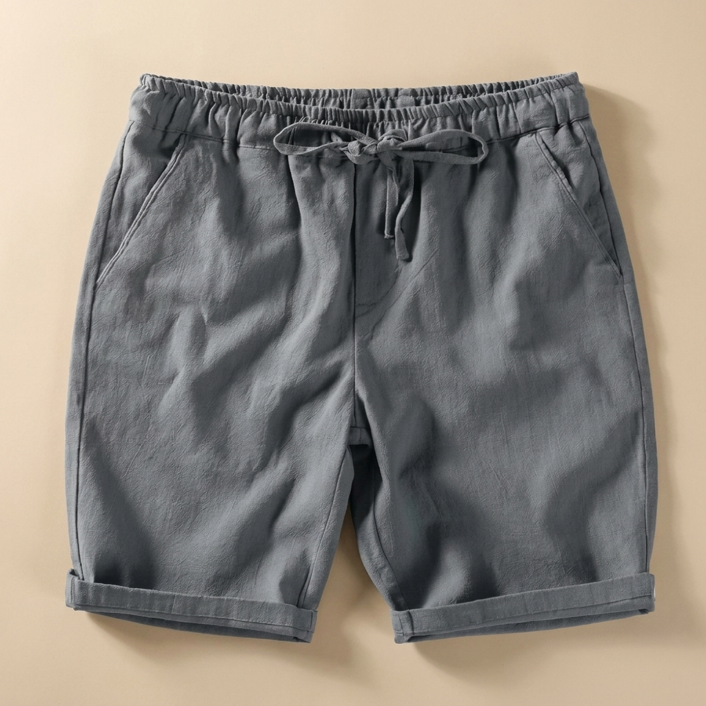 Nash medium gray linen drawstring shorts flat lay