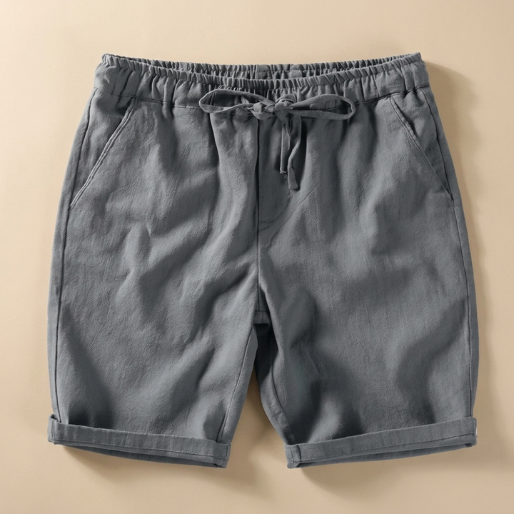 Nash medium gray linen drawstring shorts flat lay