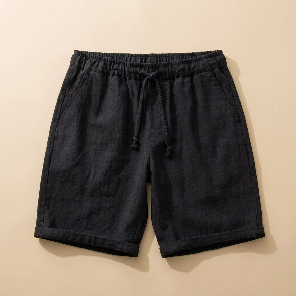 Nash black linen drawstring shorts flat lay