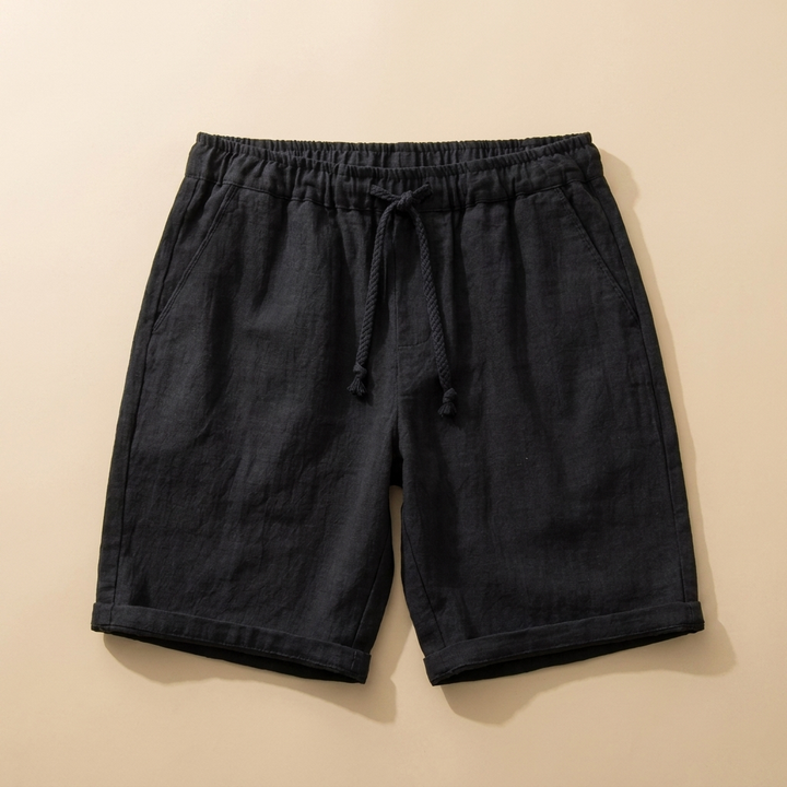 Nash black linen drawstring shorts flat lay