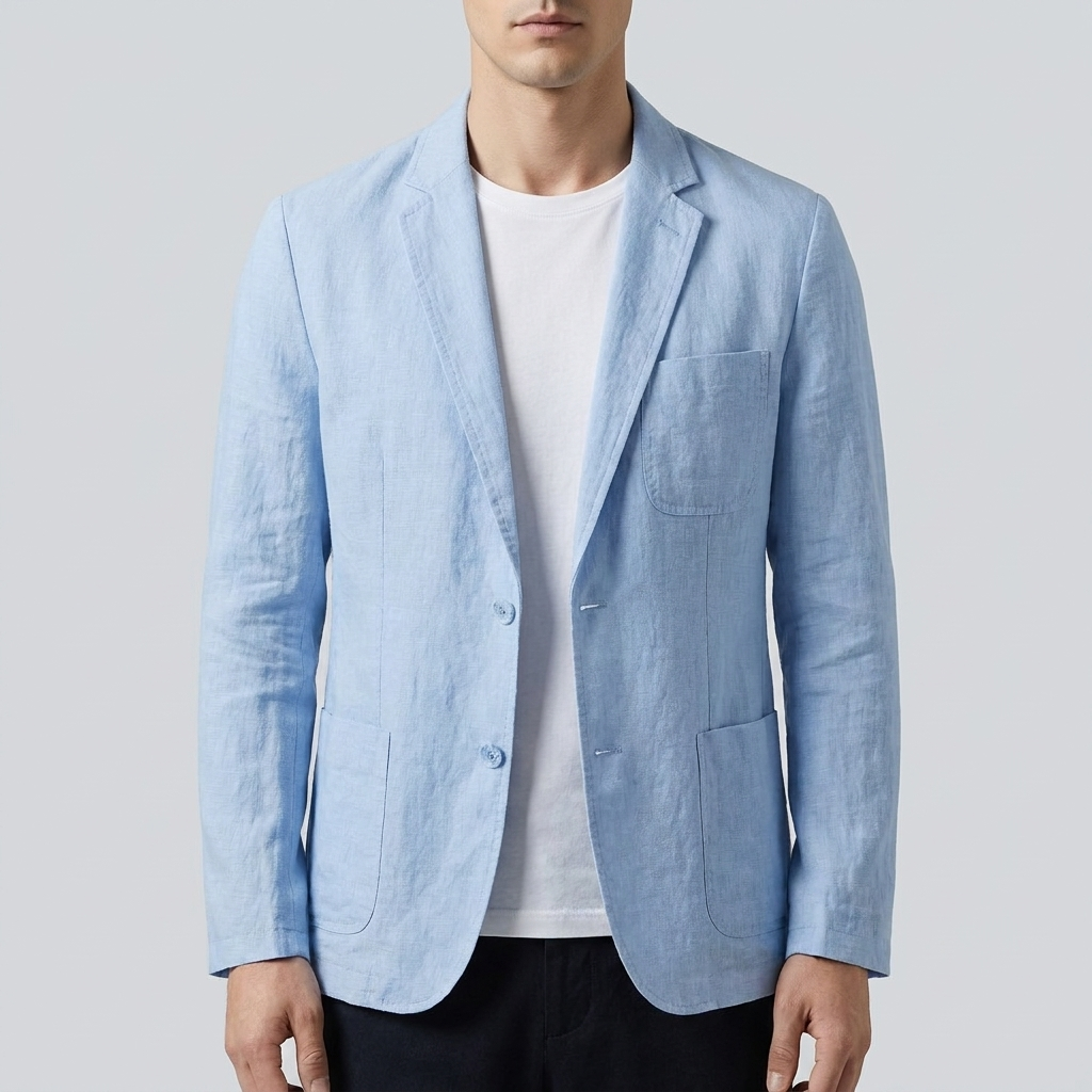 Pembroke blue linen blazer on model