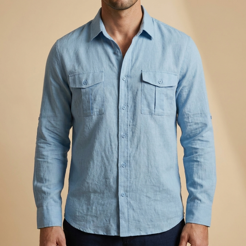Westbrook blue linen button-up shirt on model