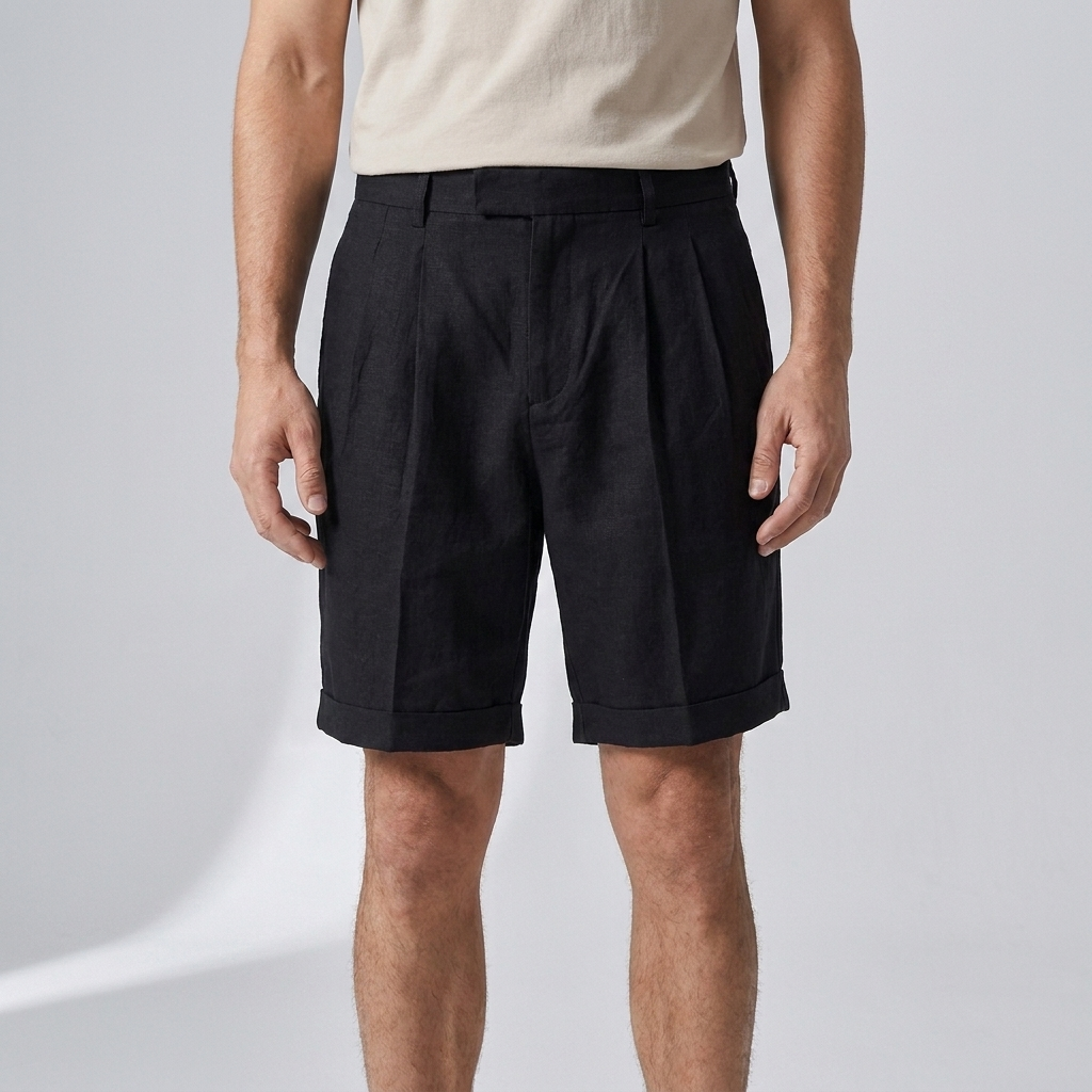 Brockton black linen pleated shorts on model