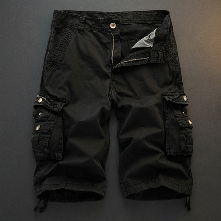Wendell black cotton cargo shorts flat lay