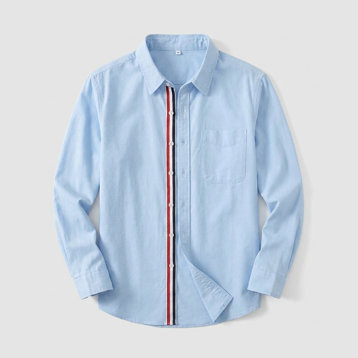Rowan 100% Cotton Shirt in blue, men's striped cotton long sleeve button up shirt, flat lay