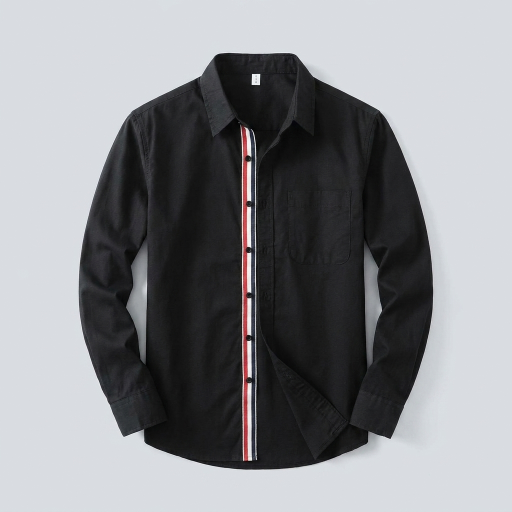 Rowan 100% Cotton Shirt in black, men's striped cotton long sleeve button up shirt, flat lay