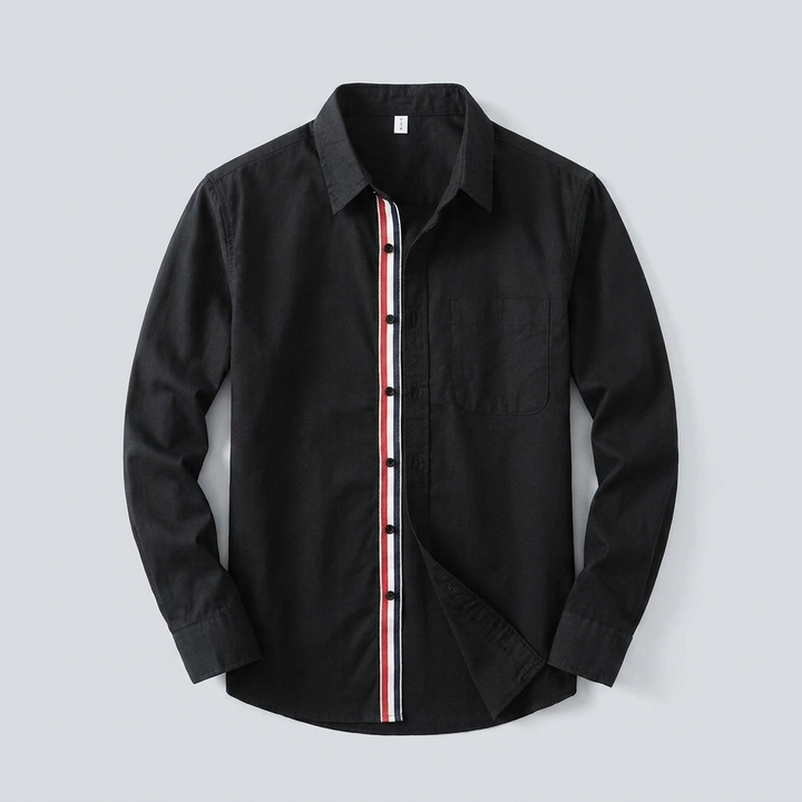 Rowan 100% Cotton Shirt in black, men's striped cotton long sleeve button up shirt, flat lay