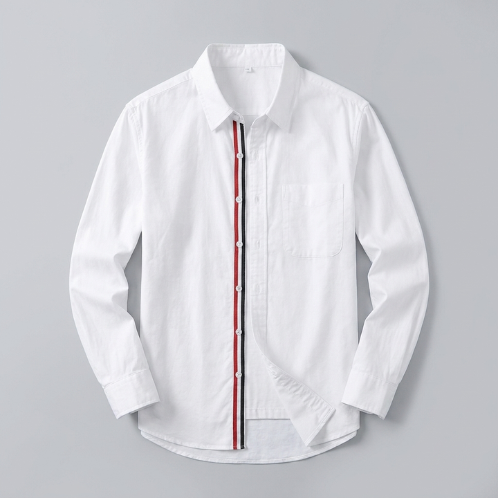Rowan 100% Cotton Shirt in white, men's striped cotton long sleeve button up shirt, flat lay