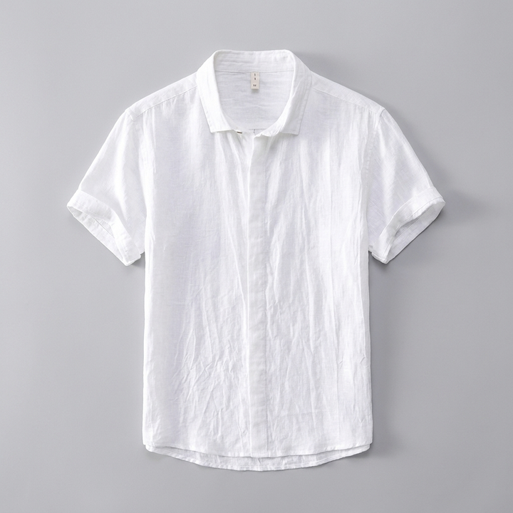 Montclair Linen Shirt in white, men's short sleeve linen button up shirt, flat lay