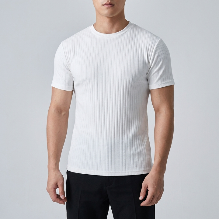 Rowan Men's Flex-Fit Shirt in white, ribbed knit short sleeve fitted crew neck tee on model