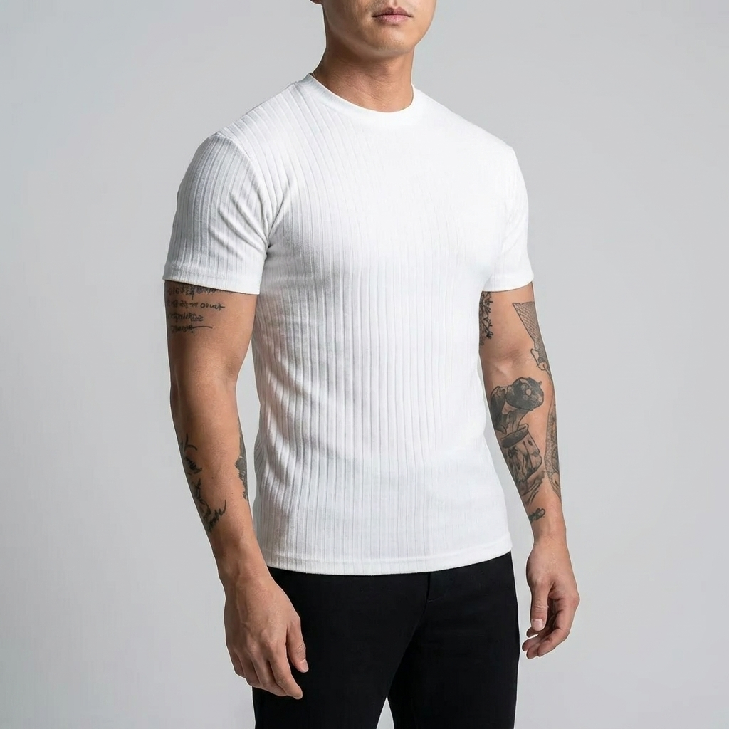 Rowan Men's Flex-Fit Shirt in white, ribbed knit short sleeve fitted crew neck tee on model, front view