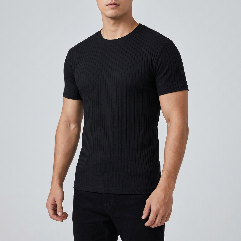 Rowan Men's Flex-Fit Shirt in black, ribbed knit short sleeve fitted crew neck tee on model