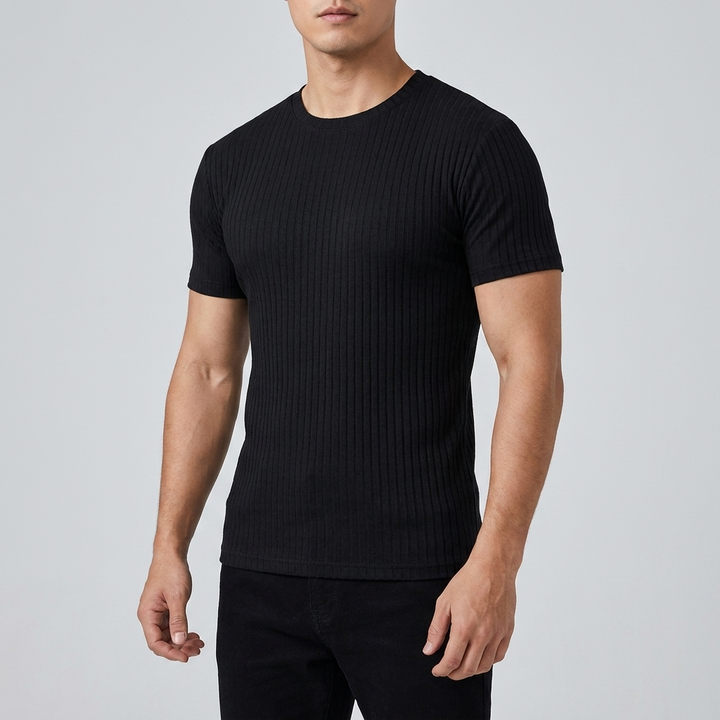 Rowan Men's Flex-Fit Shirt in black, ribbed knit short sleeve fitted crew neck tee on model