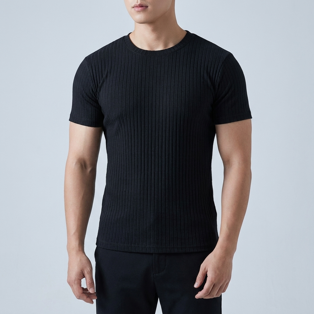 Rowan Men's Flex-Fit Shirt in black, ribbed knit short sleeve fitted crew neck tee on model, front view