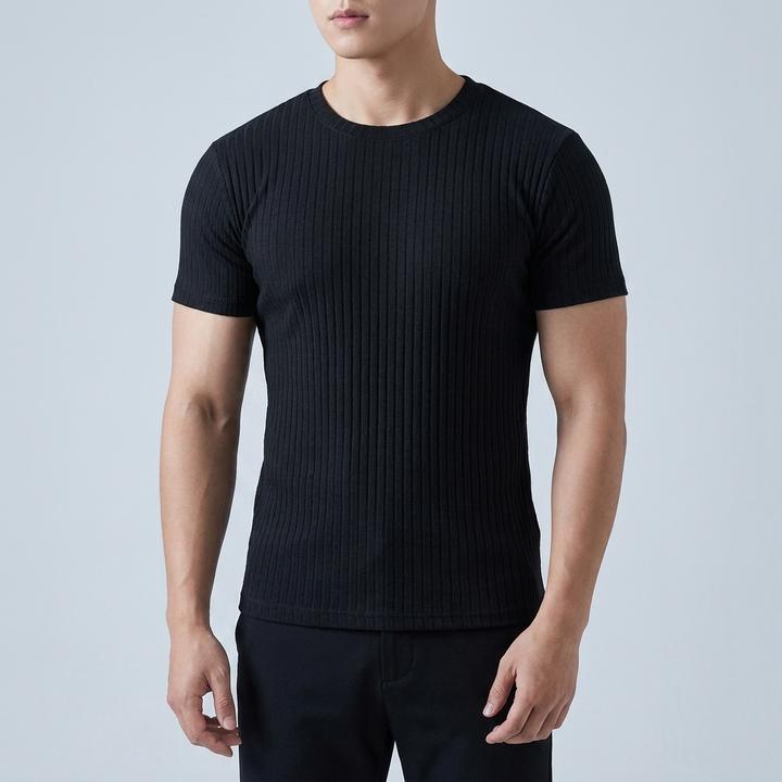 Rowan Men's Flex-Fit Shirt in black, ribbed knit short sleeve fitted crew neck tee on model, front view