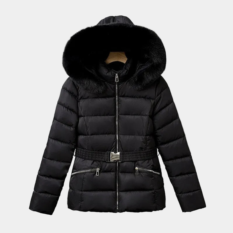 Black padded jacket with a removable black faux fur-trimmed hood, silver zipper, and cinched waist belt with a buckle.