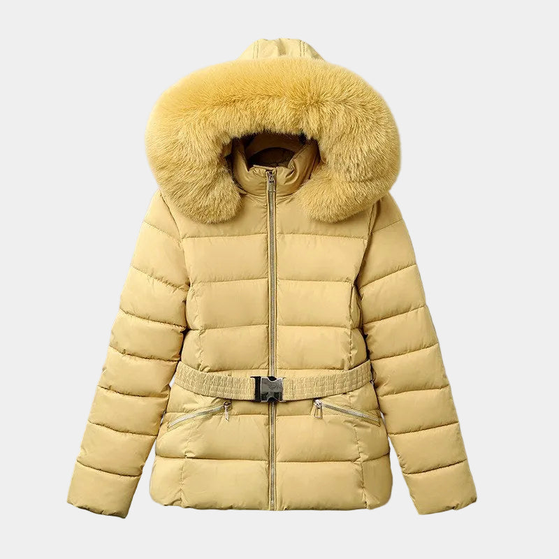 Light gold puffer jacket with a fur-trimmed hood, front zipper, and belted waist with a black buckle.