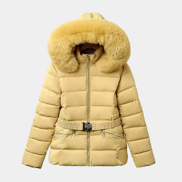 Light gold puffer jacket with a fur-trimmed hood, front zipper, and belted waist with a black buckle.