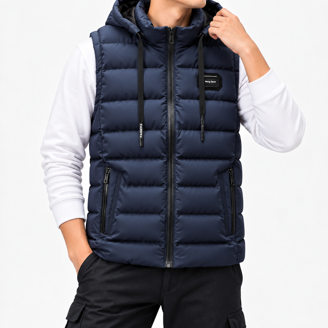 Man wearing a navy blue hooded puffer vest with horizontal quilting and black zippers over a white long-sleeve shirt.