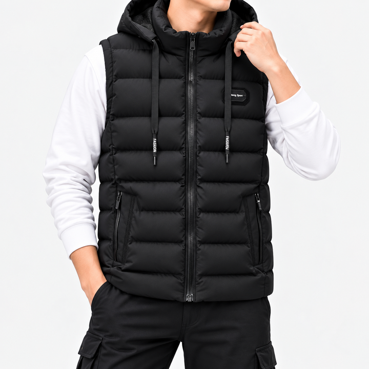 Man wearing a black quilted hooded puffer vest with a prominent front zipper and side zip pockets.