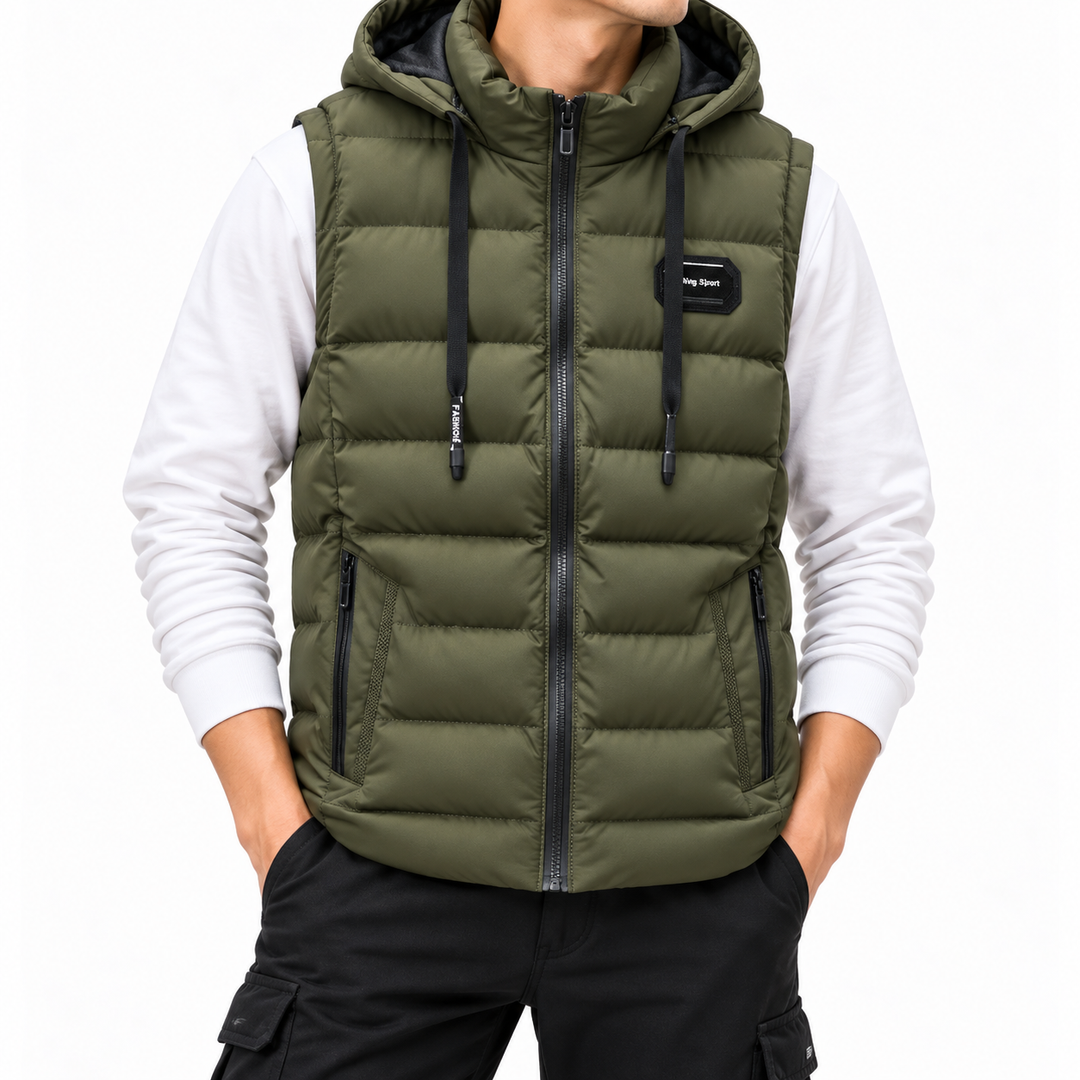 Man wearing an olive green hooded puffer vest over a white long-sleeve shirt and black cargo pants.